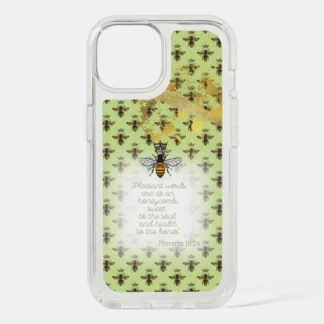 Cute Speck Presidio Clear Christian iPhone case with lime tone, bee grid, gold accent, queen bee and scripture design.