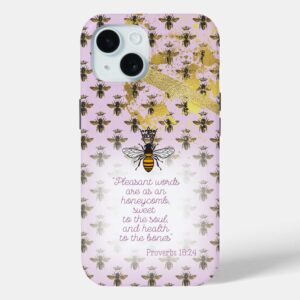 Girly Case-Mate tough iPhone Christian phone cover with mauve, bee grid, gold accent, queen bee and scripture pattern.