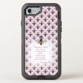 Cute Otter Box Defender iPhone Christian phone cover with mauve, bee grid, gold accent, queen bee and scripture pattern.