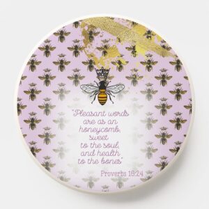 Girly Christian Pop Socket/Mag Safe Pop Socket with mauve, bee grid, gold accent, queen bee and scripture pattern. 