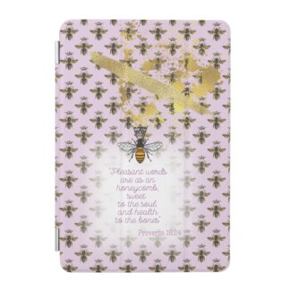 Girly Custom iPad Smart Christian case with mauve, bee grid, gold accent, queen bee and scripture pattern.