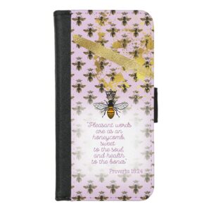 Girly Universal faux leather Christian wallet case with mauve, bee grid, gold accent, queen bee and scripture pattern.