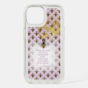 Girly Speck Presidio Clear Christian iPhone cover with mauve, bee grid, gold accent, queen bee and scripture pattern.