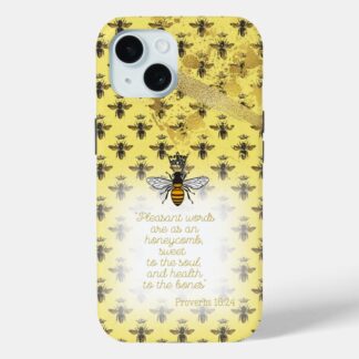 Trendy Case-Mate tough iPhone Christian phone case with yellow, bee grid, gold accent, queen bee and scripture design.