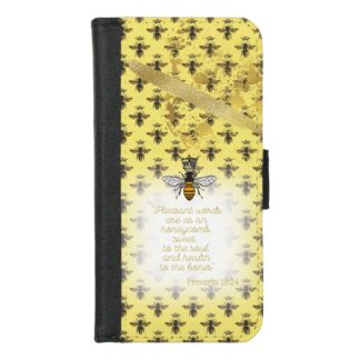 Trendy Universal faux leather Christian wallet cover with yellow, bee grid, gold accent, queen bee and scripture design.