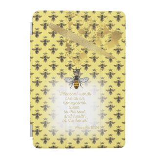 Trendy Custom iPad Smart Christian case with yellow, bee grid, gold accent, queen bee and scripture design.