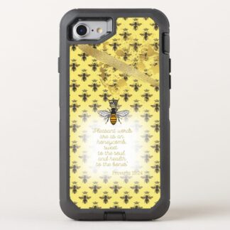 Cute Otter Box Defender iPhone Christian phone cover with yellow, bee grid, gold accent, queen bee and scripture design.