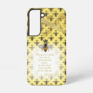 Trendy Samsung/iPhone tough Christian phone cover with yellow, bee grid, gold accent, queen bee and scripture design.