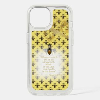 Trendy Speck Presidio Clear Christian iPhone case with yellow, bee grid, gold accent, queen bee and scripture design.