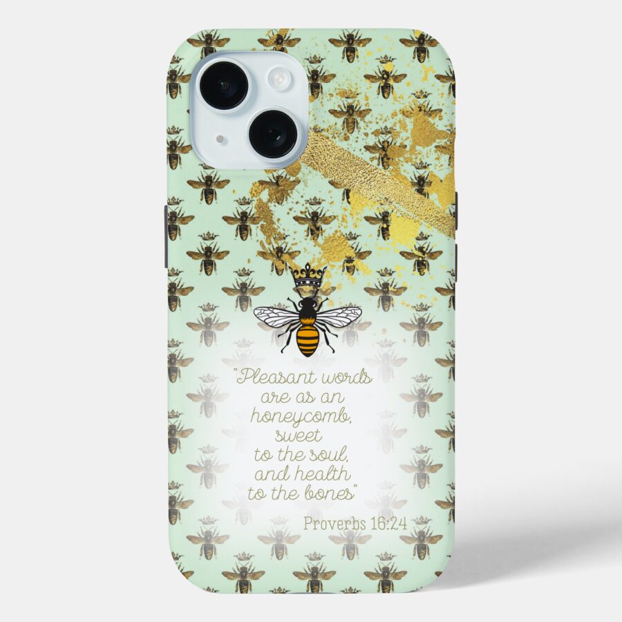 Girly Case-Mate tough iPhone Christian phone case with sea green, bee grid, gold accent, queen bee and scripture motif.