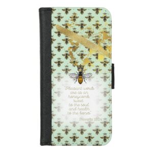 Girly Universal faux leather Christian wallet case with sea green, bee grid, gold accent, queen bee and scripture motif.