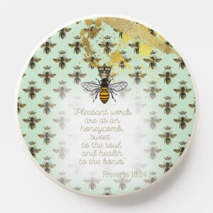 Girly Christian Pop Socket/Mag Safe Pop Socket with sea green, bee grid, gold accent, queen bee and scripture motif.