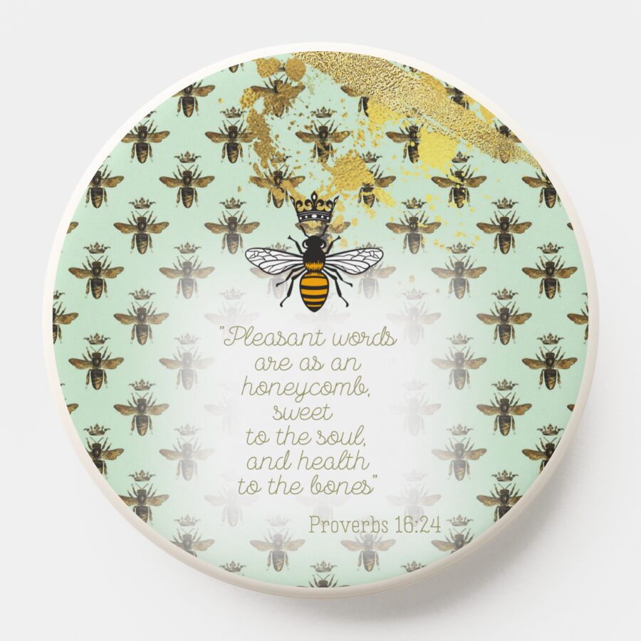 Girly Christian PopSocket/Mag Safe PopSocket with sea green, bee grid, gold accent, queen bee and scripture motif.
