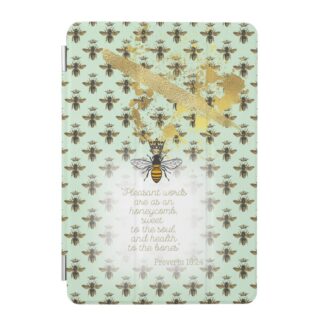 Girly Custom iPad Smart Christian case with sea green, bee grid, gold accent, queen bee and scripture motif.