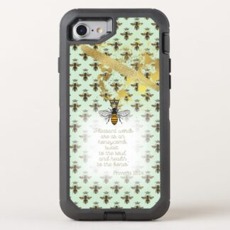 Girly Otter Box Defender iPhone Christian phone cover with sea green, bee grid, gold accent, queen bee and scripture motif.