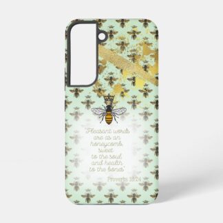 Girly Samsung/iPhone tough Christian phone case with sea green, bee grid, gold accent, queen bee and scripture motif.