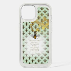 Girly Speck Presidio Clear Christian iPhone cover with sea green, bee grid, gold accent, queen bee and scripture motif. 