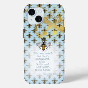 Chic Case-Mate tough iPhone Christian phone cover with pastel blue, bee grid, gold accent, queen bee and scripture design