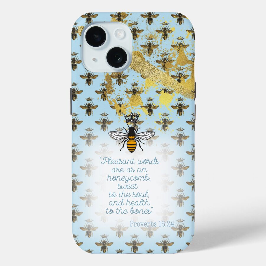 Chic Case-Mate tough iPhone Christian phone case with pastel blue, bee grid, gold accent, queen bee and scripture design