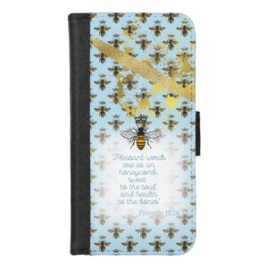 Chic Universal faux leather Christian wallet case with pastel blue, bee grid, gold accent, queen bee and scripture design.