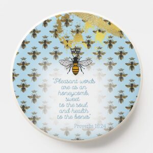 Chic Christian Pop Socket/Mag Safe Pop Socket with pastel blue, bee grid, gold accent, queen bee and scripture design