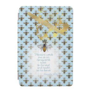 Chic Custom iPad Smart Christian cover with pastel blue, bee grid, gold accent, queen bee and scripture design.