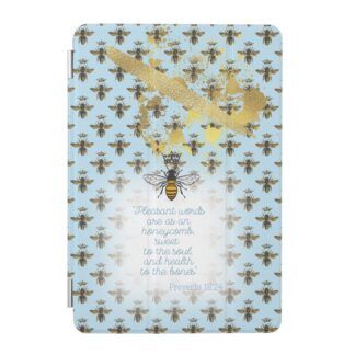 Chic Custom iPad Smart Christian case with pastel blue, bee grid, gold accent, queen bee and scripture design.