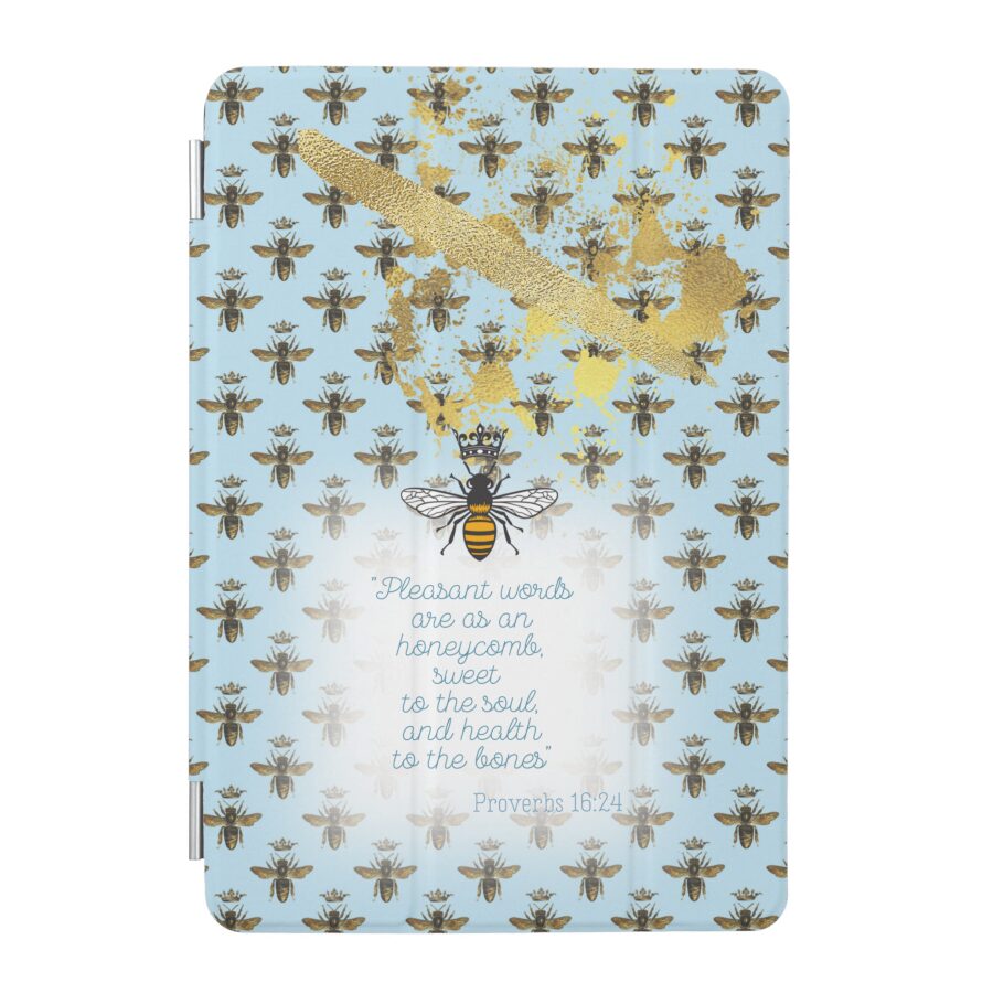 Chic Custom iPad Smart Christian case with pastel blue, bee grid, gold accent, queen bee and scripture design.