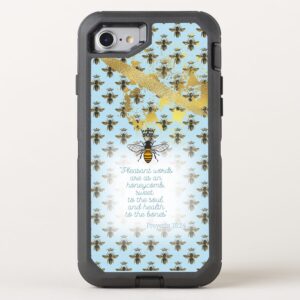 Chic Otter Box Defender iPhone Christian phone cover with pastel blue, bee grid, gold accent, queen bee and scripture design.