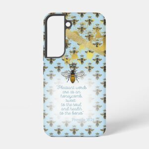 Chic Samsung/iPhone tough Christian phone cover with pastel blue, bee grid, gold accent, queen bee and scripture design.