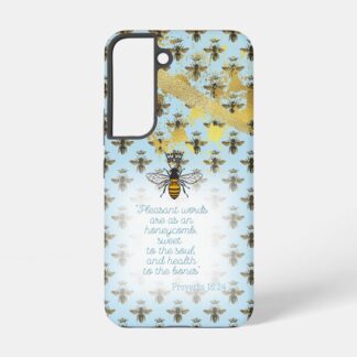 Chic Samsung/iPhone tough Christian phone case with pastel blue, bee grid, gold accent, queen bee and scripture design.