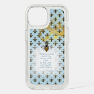 Chic Speck Presidio Clear Christian iPhone cover with pastel blue, bee grid, gold accent, queen bee and scripture design.